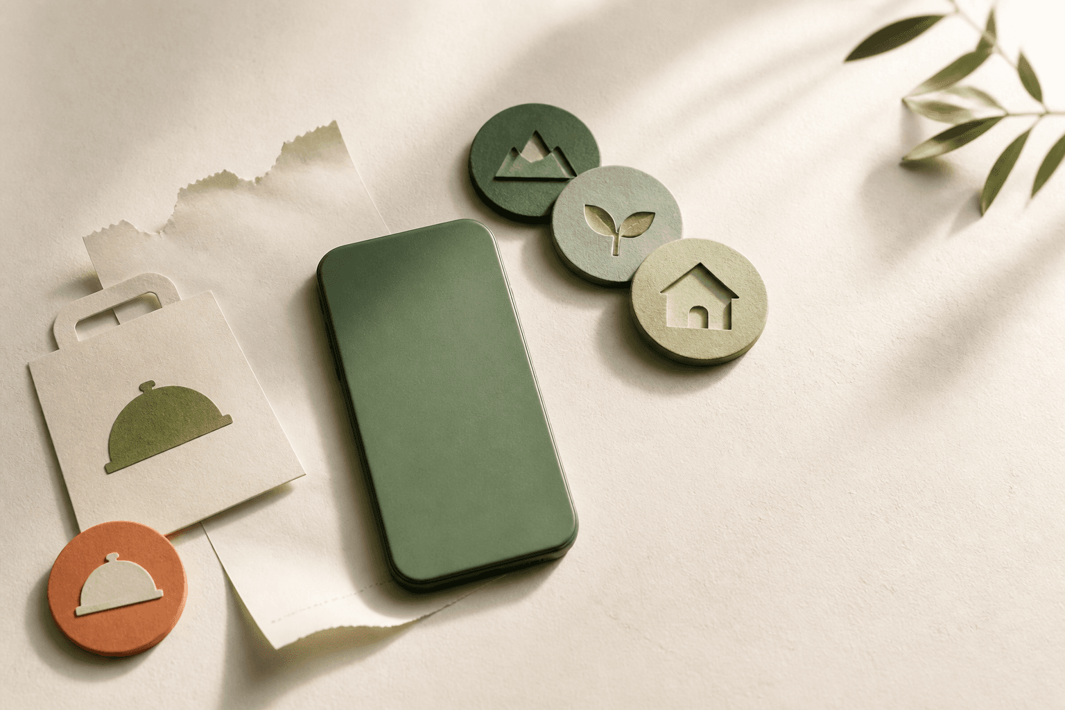 A green phone beside a blank receipt and paper tokens for future goals