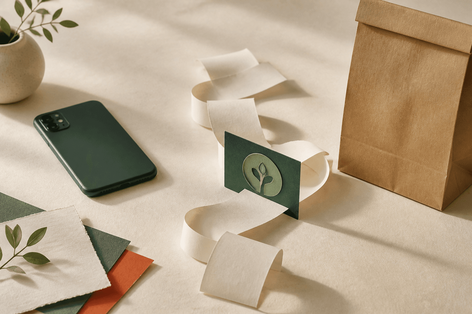 A green phone and blank receipts interrupted by a paper checkpoint before a delivery bag