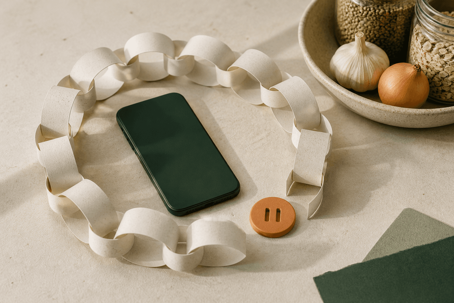 A green phone inside an open loop of paper receipts beside a pause token and pantry staples