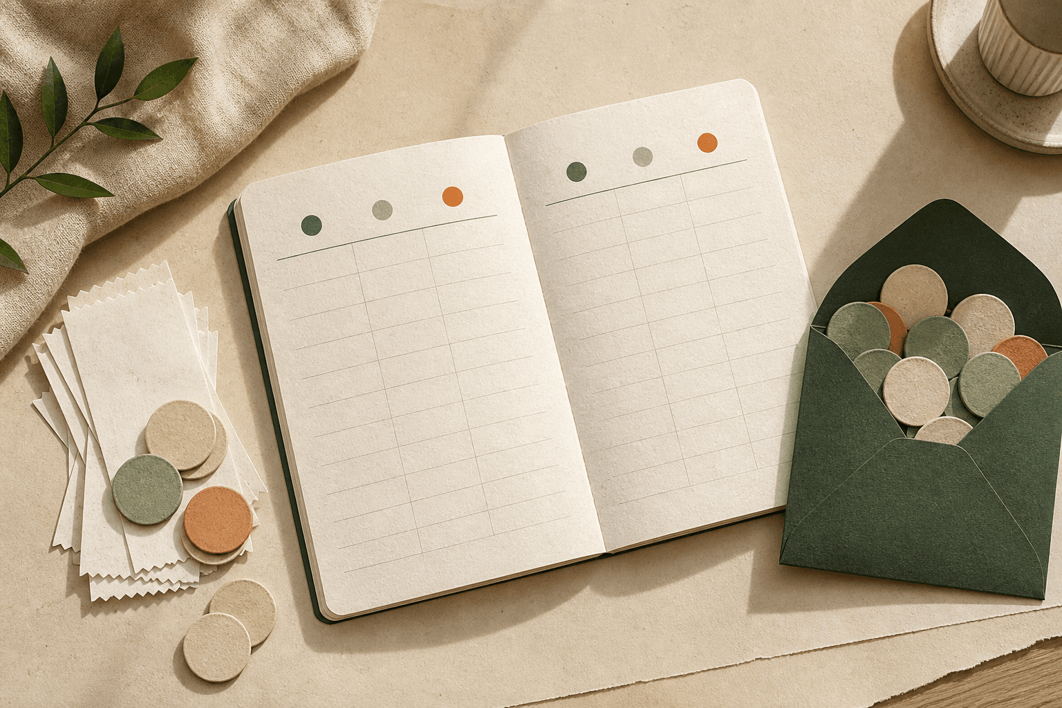A paper budget ledger beside takeout receipts and a green envelope filled with savings tokens