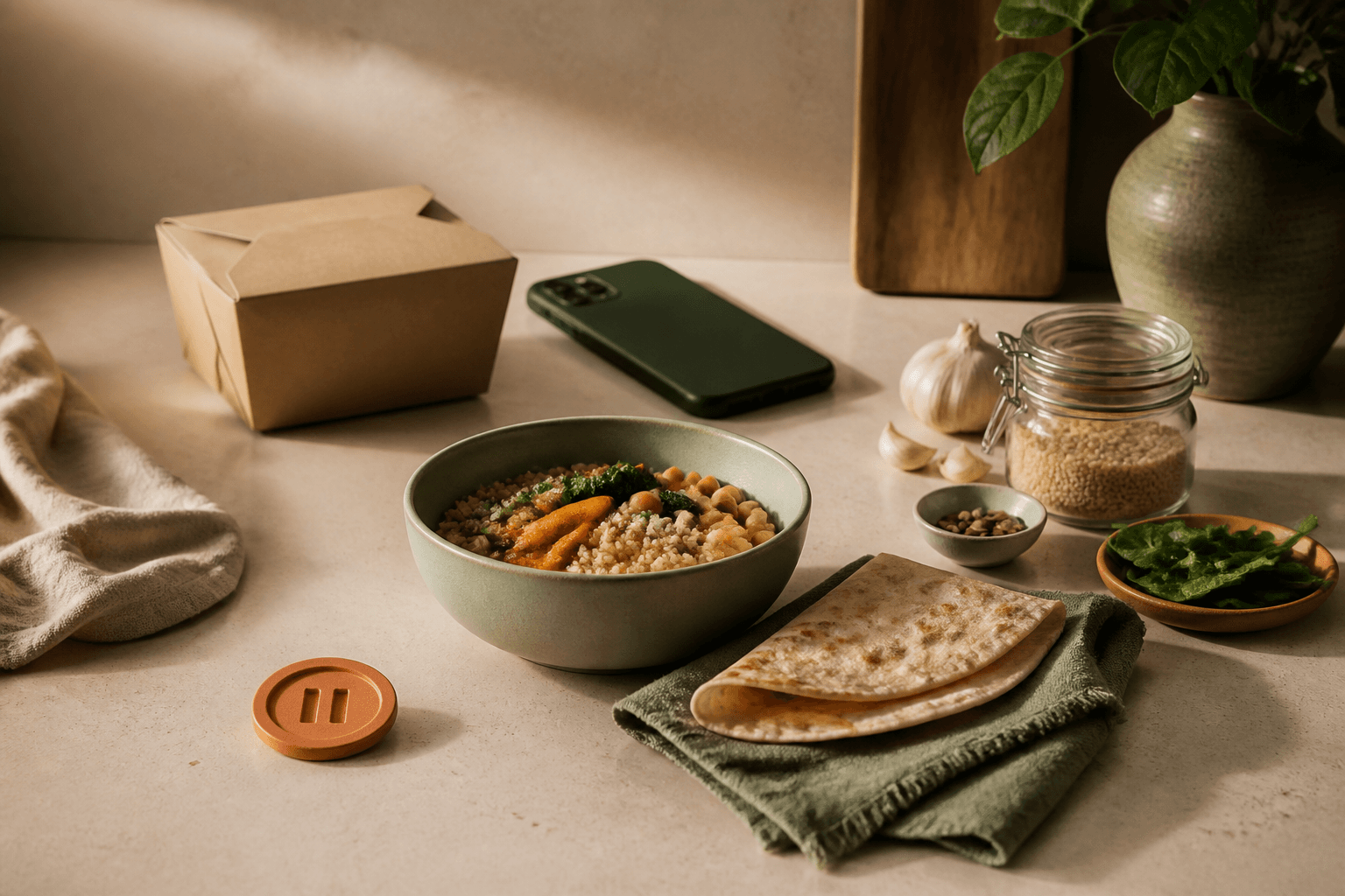 A simple ready meal and pause token in front of a phone and an unbranded takeout box