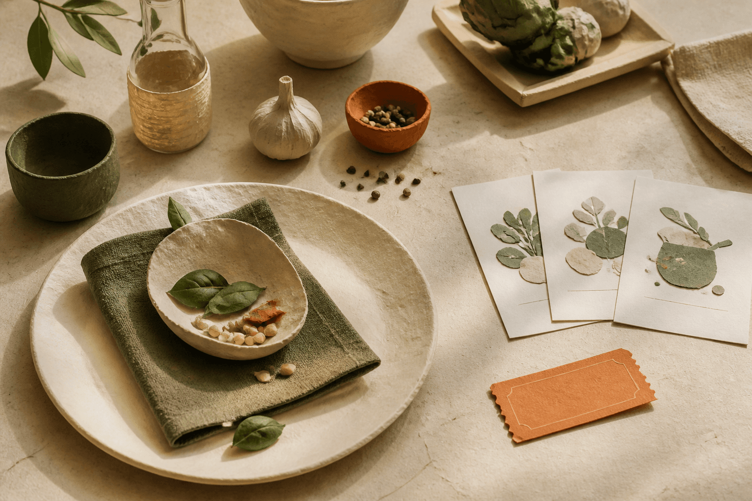A warm paper-art home meal beside weekly meal cards and one saved restaurant ticket