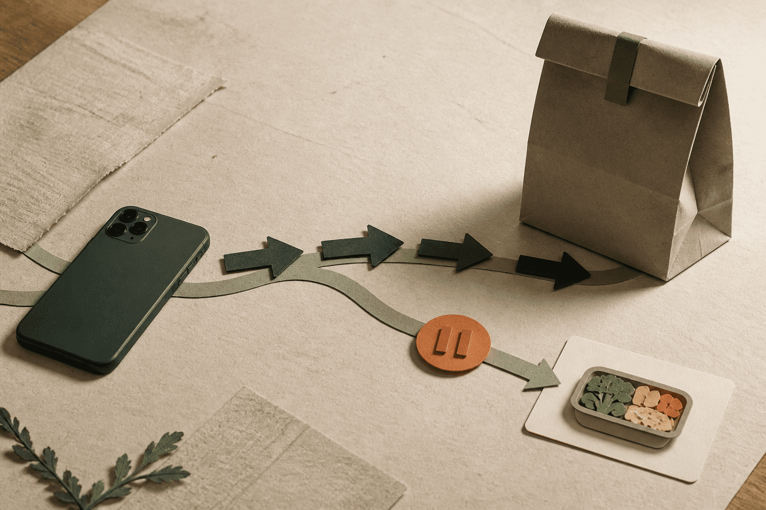 A paper route from a green phone to a delivery bag redirected by a pause token toward a simple meal